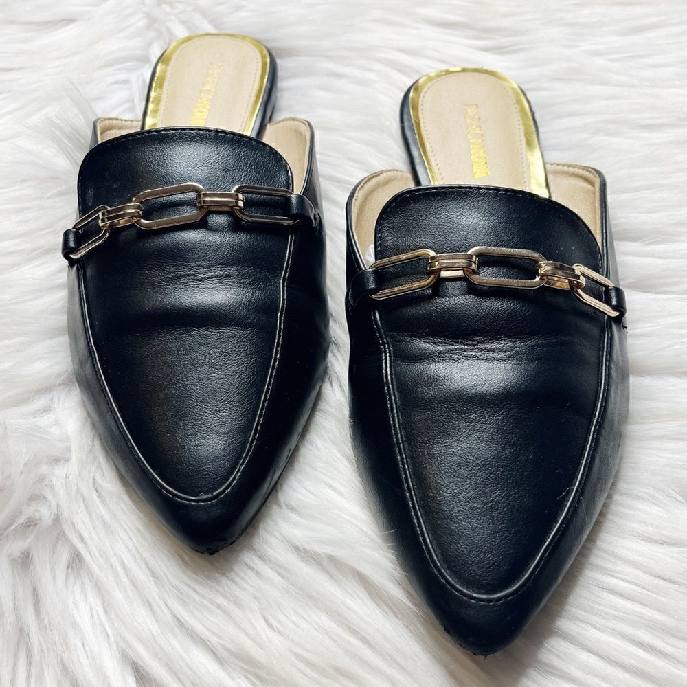 Fashion Nova Flat Slide on Mules Black & Gold Size 9